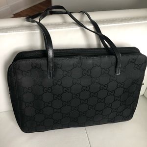 Gucci black monogram canvas shoulder bag purse.